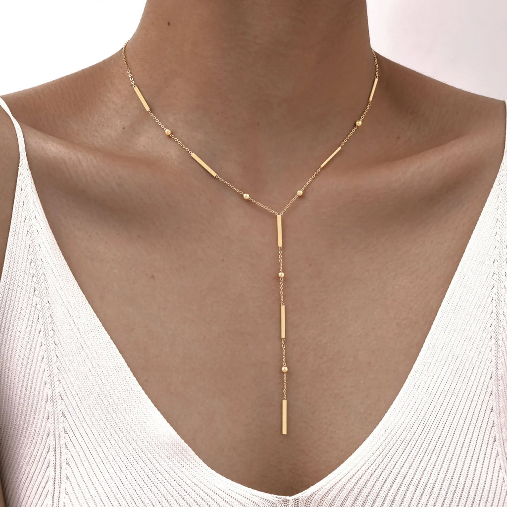 Beaded Long Chain Y Shape Necklace For Women, Minimalist Drop Bar Pendant Choker Necklaces, Clavicle Chain Jewelry Vera Lux