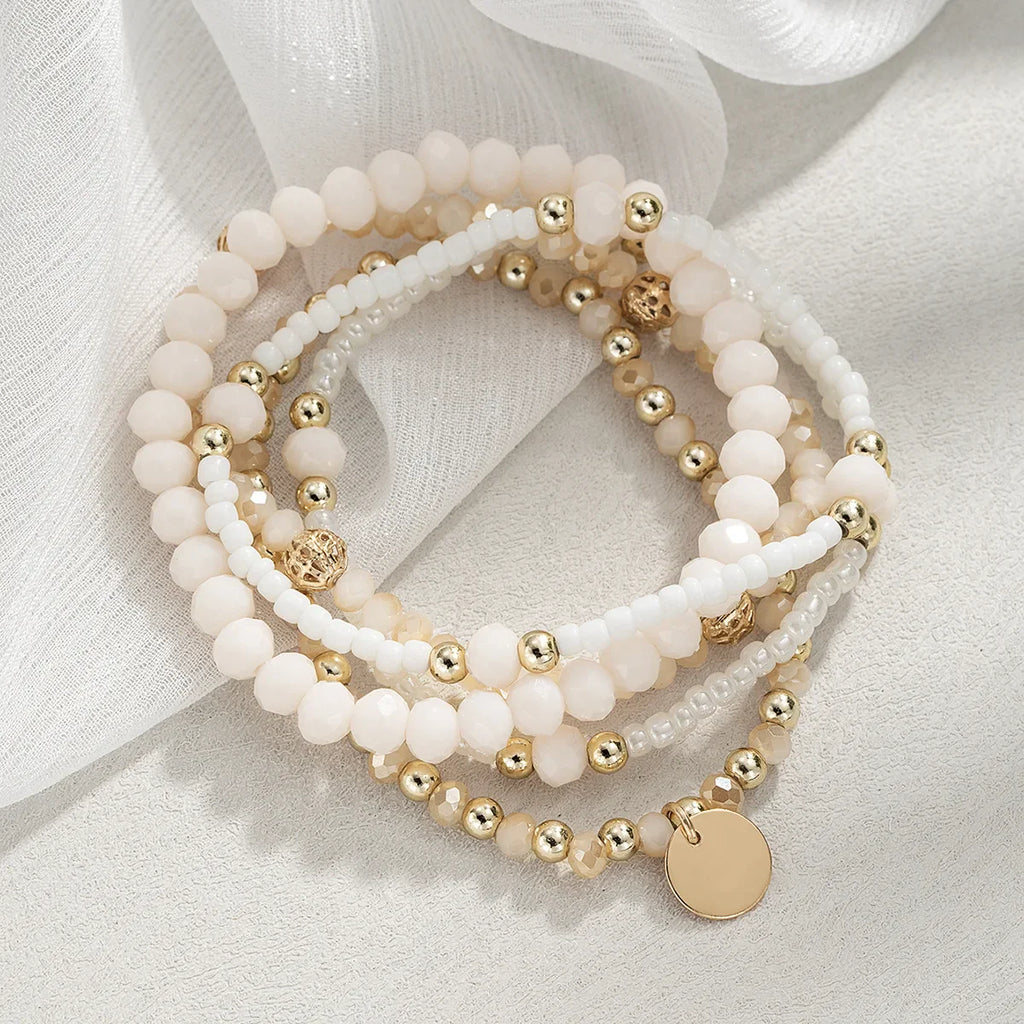 5Pcs Fashion Resin Beaded Bracelet Set For Women Round Piece Charm Elastic Bead Chain Bangle Wrist Strap Female Vacation Jewelry Vera Lux