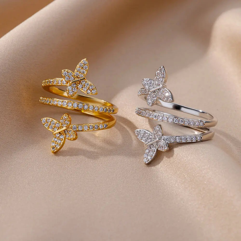 Zircon Double Butterfly Rings For Women Stainless Steel Gold Color Open Multilayer Ring Fashion Wedding Party Jewelry 2024 New Vera Lux