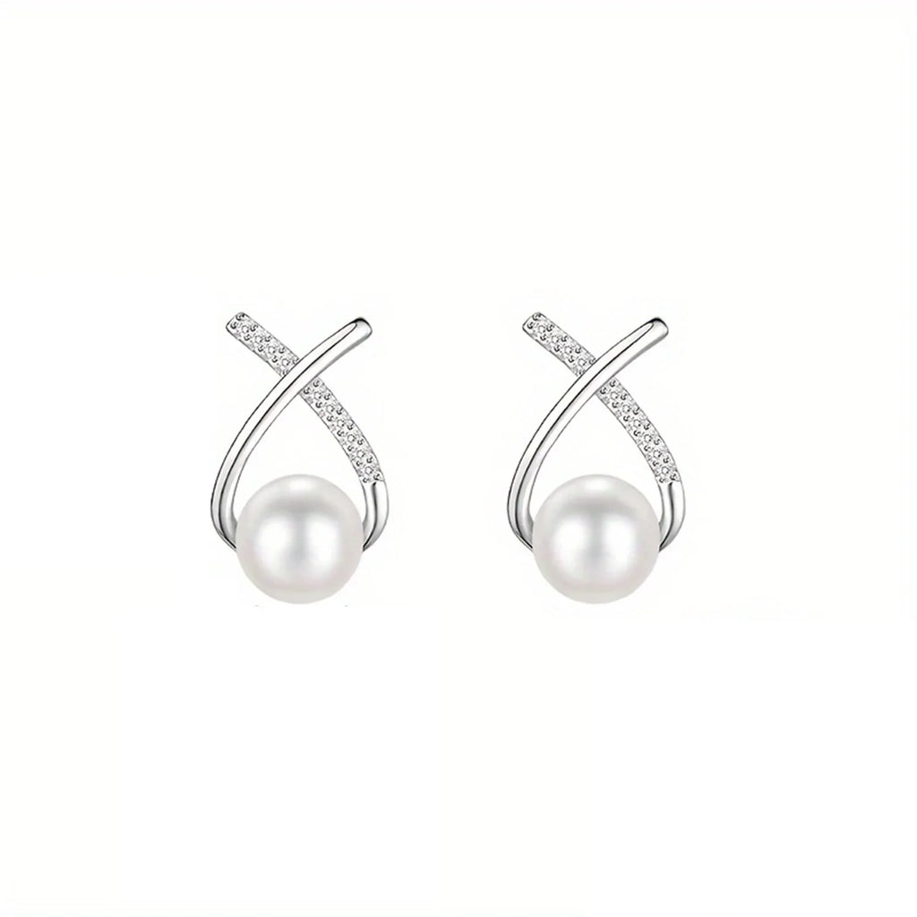 S925 silver, women's cross-tail shellfish pearl earrings, inlaid with synthetic zircon, elegant and suitable for daily wear Vera Lux
