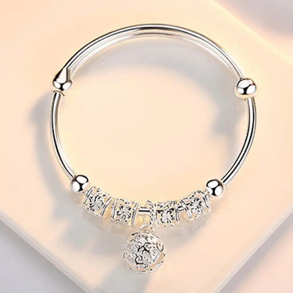 Fine 925 Sterling Silver hollow Bells ball bangles adjustable Bracelets for Women Fashion Holiday gifts Party wedding Jewelry Vera Lux