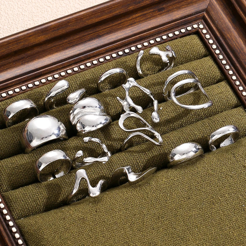 15Pcs Punk Smooth Geometric Open Rings Set For Women Exaggerated Irregular Silver Color Thick Chunky Ring Hip Hop Jewelry Gifts Vera Lux