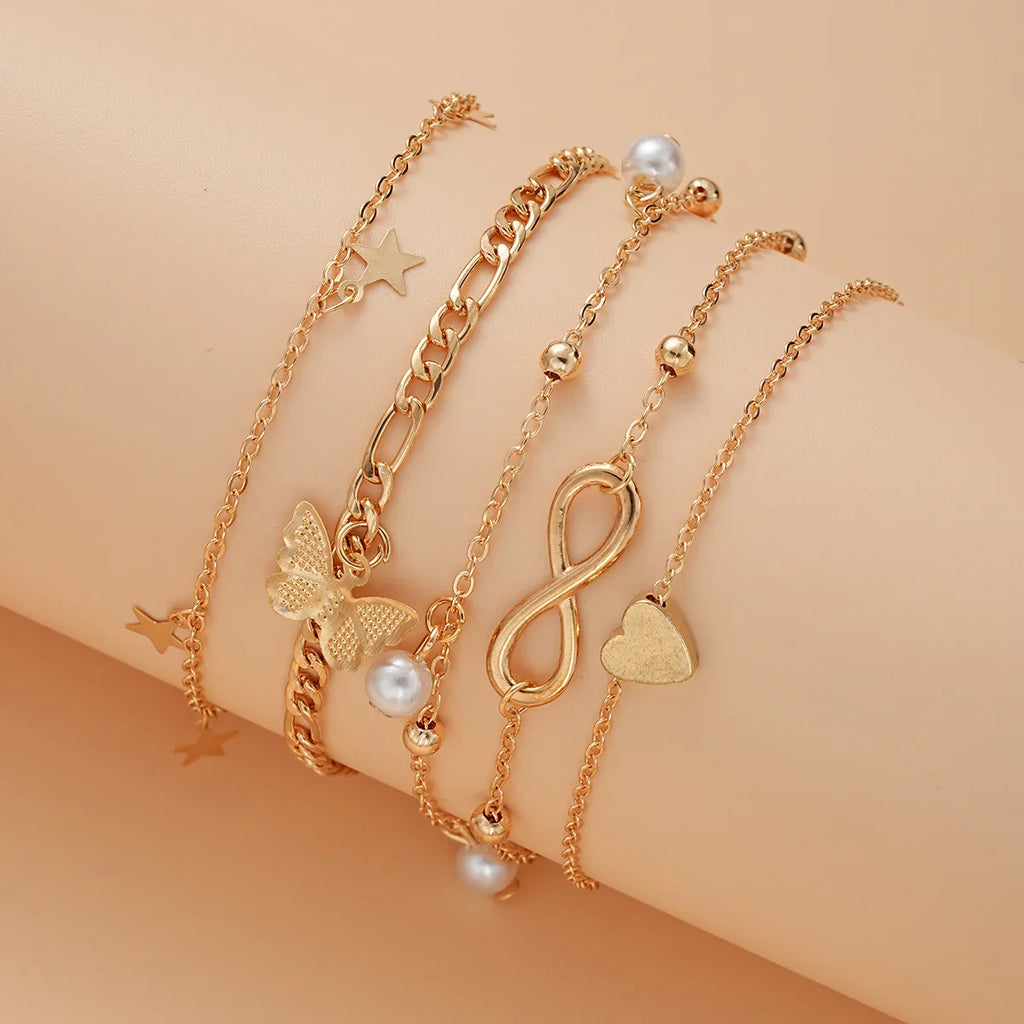 5Pcs Retro Multilayer Tassel Anklet Set for Women Bohemia Vintage Pearl Butterfly Star Heart Pendant Foot Bracelet Beach Jewelry Vera Lux