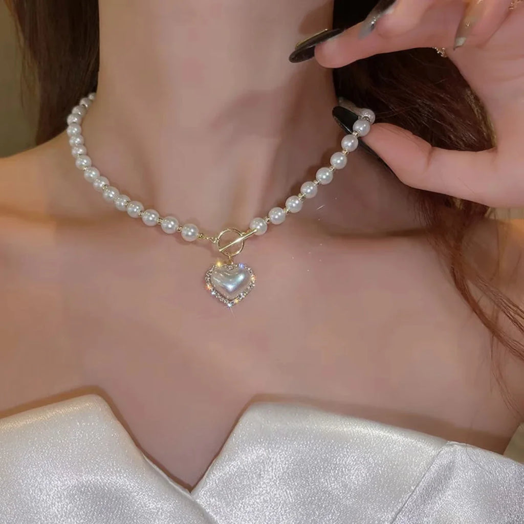 Elegant Pearl Necklace For Women Heart Pendant Necklaces Luxury Imitation Pearls Chain Necklaces Korean Jewelry Girls Gifts Vera Lux