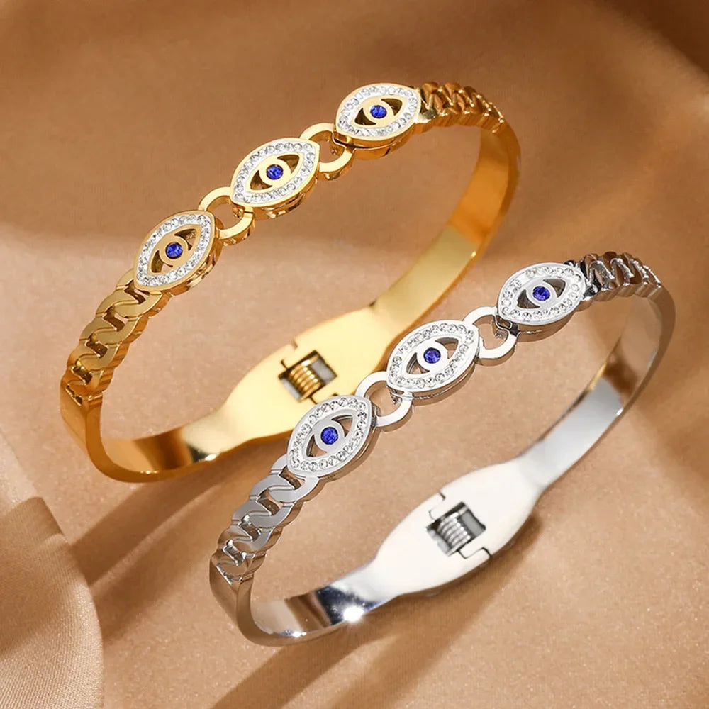 Fashion Stainless Steel Bracelet For Women Men Evil Eye Cuff Bangles Gold Plated Spring Buckle Lucky Amulet Jewelry Accessories Vera Lux