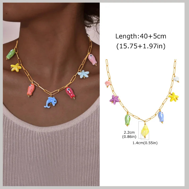 18k Gold Plated Pearl Shell Conch Starfish Summer Beach Necklace, Charms Necklace for Women,Stainless Steel Waterproof Jewelry Vera Lux