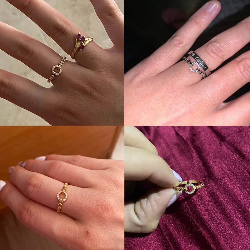 Zircon Round Rings For Women Punk Rock Chain Round Open Adjusted Stainless Steel Ring Accessories Jewelry Gift Bijoux Femme Vera Lux