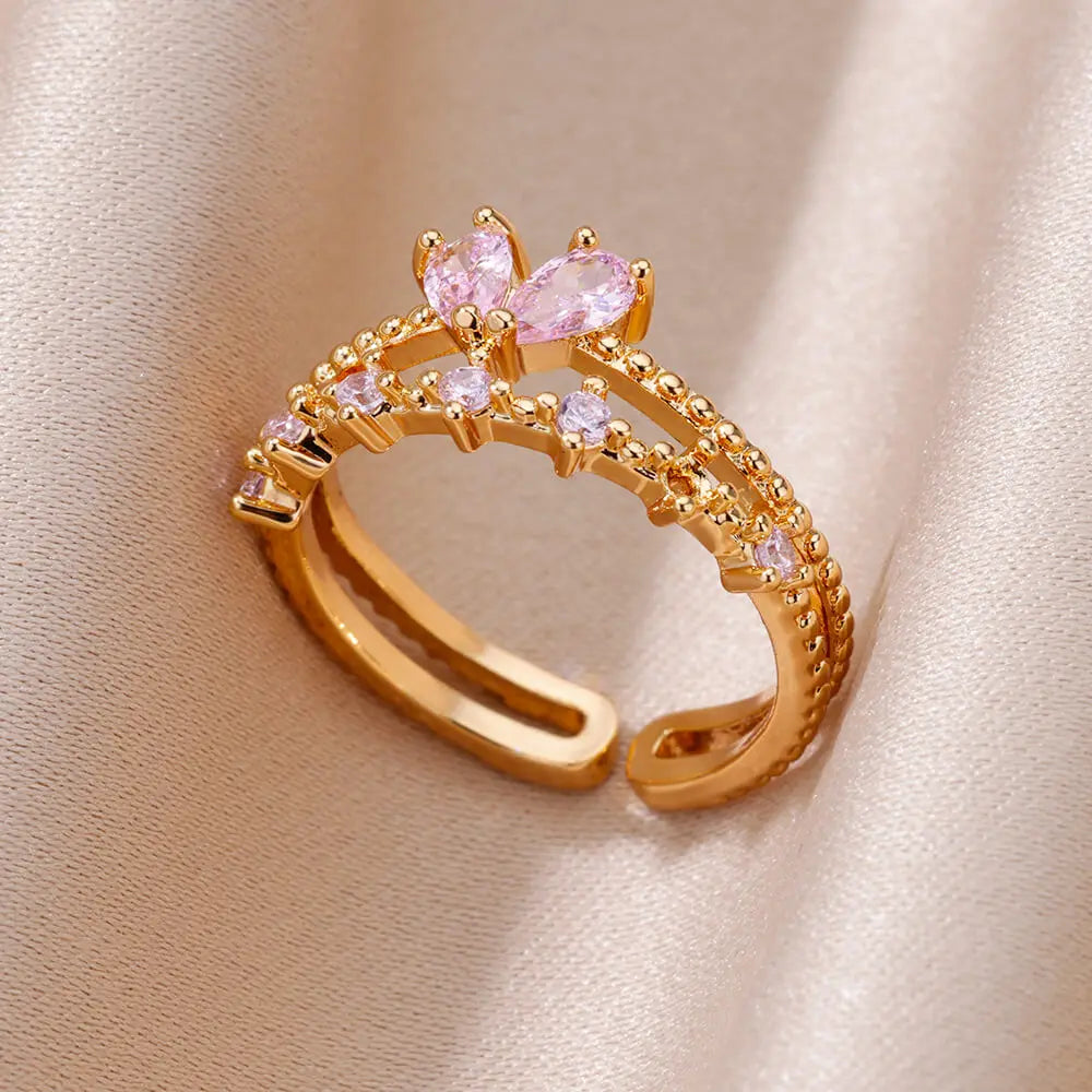 Stainless Steel Rings For Women Gold Color Fashion Heart Zircon Opening Ring Female Finger Wedding Party Jewelry Gift Vera Lux