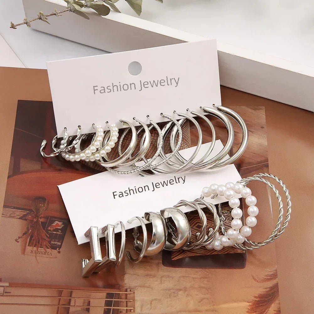 24 Pcs Vintage Silver Color Y2K Pearl Earrings for Women Geometry Round Circle Square Hoop Earring Set Fashion Female Jewelry Vera Lux