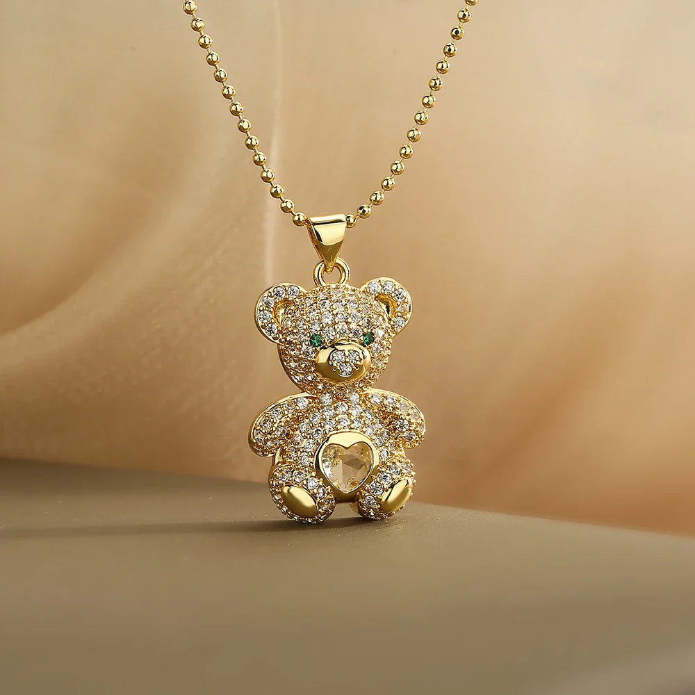 NEWBUY Hot Sale 2 Style Lovely Bear Pendant Necklaces For Women Shiny CZ Zircon Inlay Gold Color Copper Jewelry Vera Lux