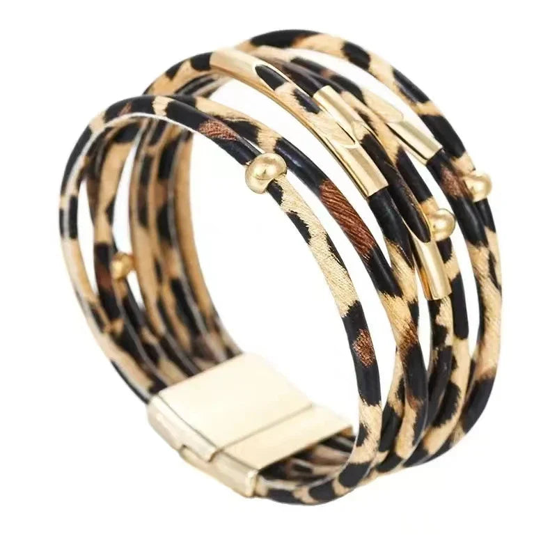 Vintage Metal Tube Leopard Leather Bracelet For Women Men Boho Multilayer Wrap Wide Bracelet Charm Jewelry Vera Lux