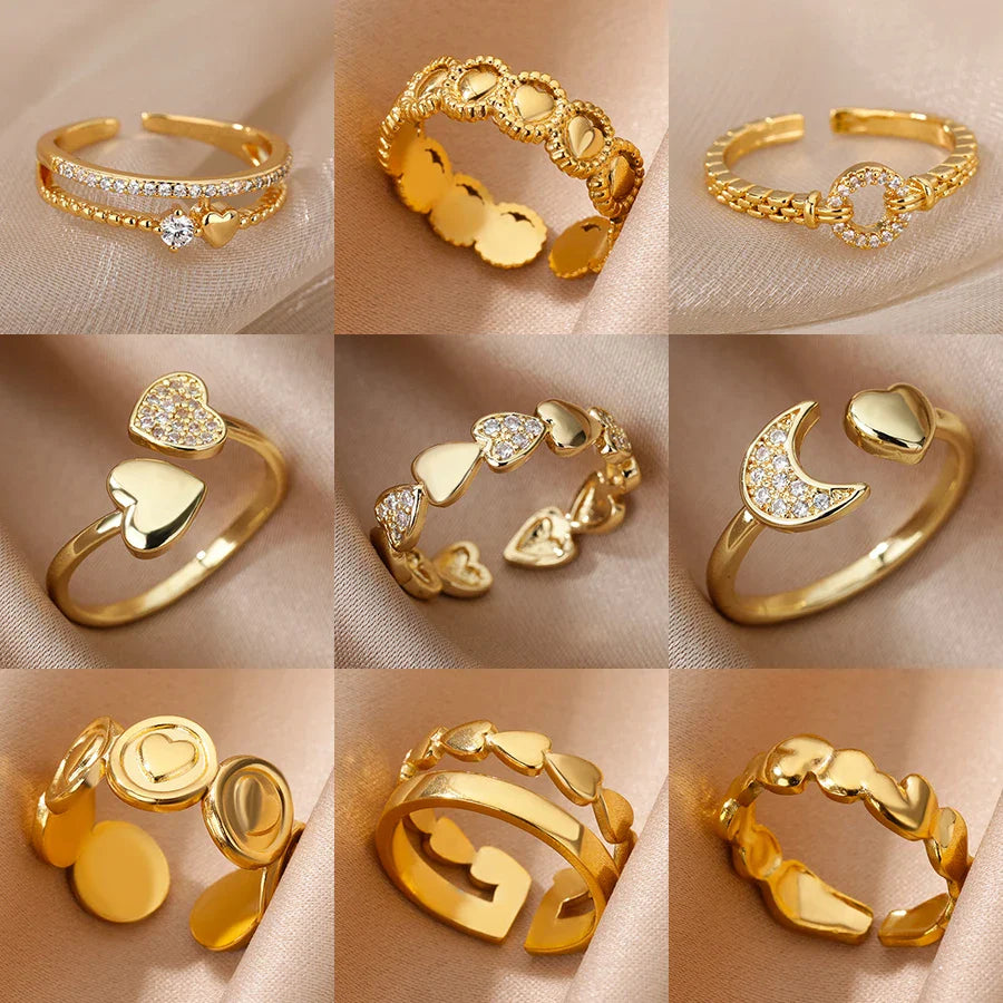 Zircon Heart Rings For Women Stainless Steel Gold Color Adjustable Open Finger Ring Wedding Aesthetic Jewelry Gift 2024 Vera Lux
