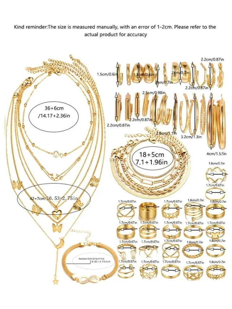 New 57 Pcs/Set Fashion Jewelry Sets For Women Metal Wide Face Earrings Necklaces Bracelets Ankles Rings Combinations Set Jewelry Vera Lux