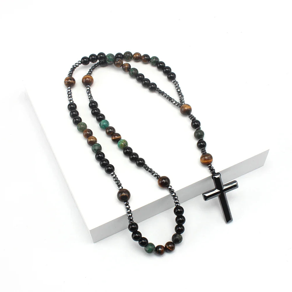 Natural Stone Africa Turquoise and Tiger-eye Beads Cross Pendant Necklace Rosary for Men and Women Vera Lux