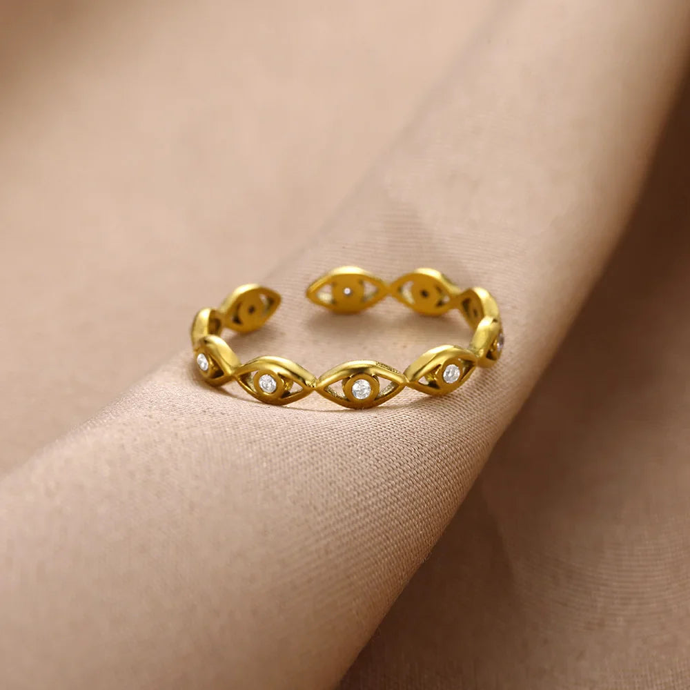Green Zircon Evil Eye Rings For Women Stainless Steel Gold Color Geometric Open Ring New Wedding Waterproof Fashion Jewelry Gift Vera Lux