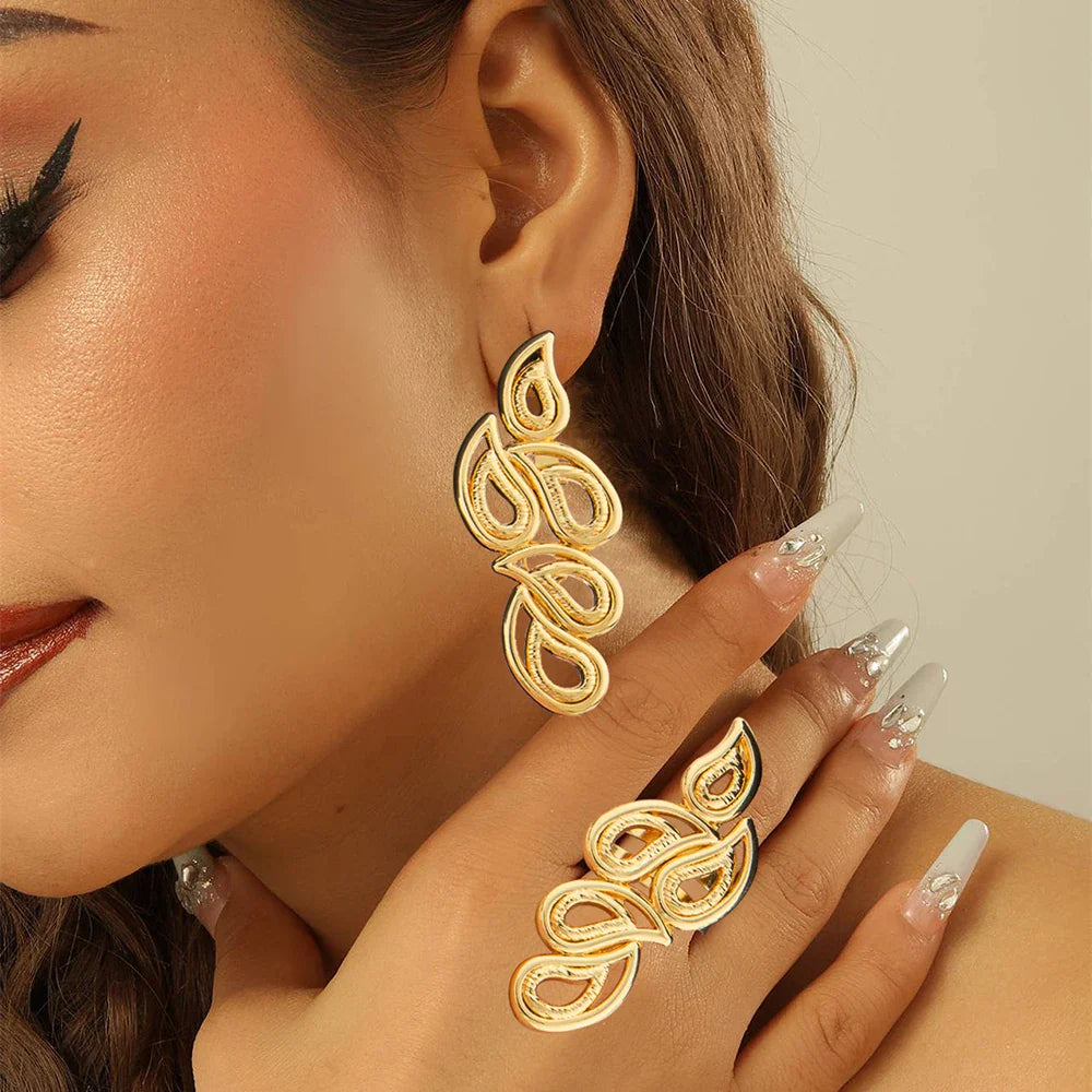 18k Gold Color Earrings with Ring Jewelry Set for Bridal African Clip Earrings and Finger Ring 2Pcs Set for Engagement Jewellery Vera Lux