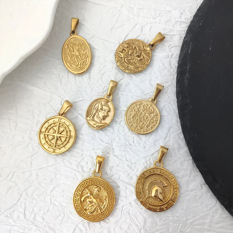 Stainless Steel Vintage Round Portrait Coin St. Michael Compass Pendants Charm For Women Necklace Making Diy Jewelry Vera Lux