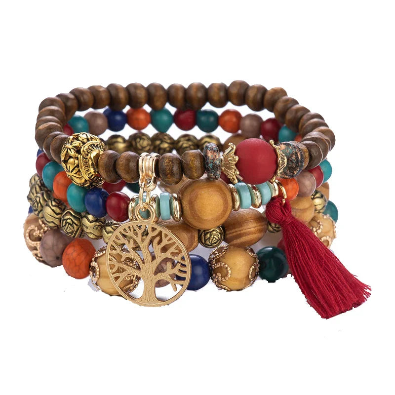 Boho Tree Of Life Bracelet Set For Women Fashion Tassels Charm Wooden Beads Elastic Chain Bangle Girl Trendy Party Jewelry Vera Lux