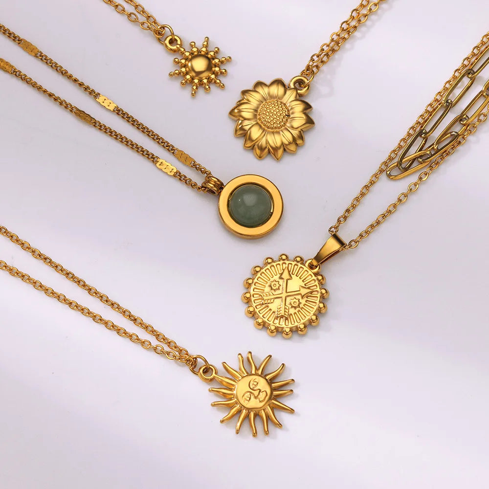Stainless Steel Sun Sunflower Pendant Necklace For Women Gold Color Round Charm Clavicle Chain Necklaces Fashion Jewelry Gift Vera Lux