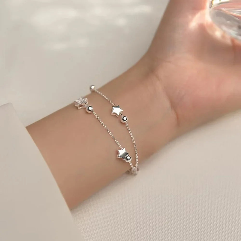 925 Stamp Silver Color Star Bracelet Fashion Korean Five-pointed Stars Crystal Double Bracelet Dropshipping Wholesale Vera Lux