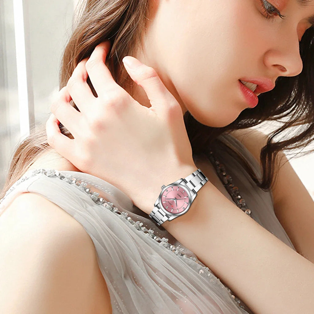 Luxury Women's Watch 29mm Fashionable Stainless Steel Rhinestone Pink Minimalist Girl Clock Outdoor Travel Women Wrist Watches Vera Lux
