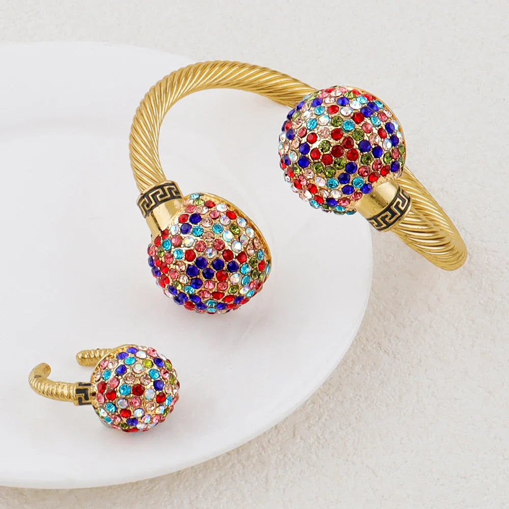 Gold Color Cuff Bracelet and Ring for Dubai African Women Blue Stone Hand Bangle Finger Ring Jewelry Set Wedding Bride Wife Gift Vera Lux