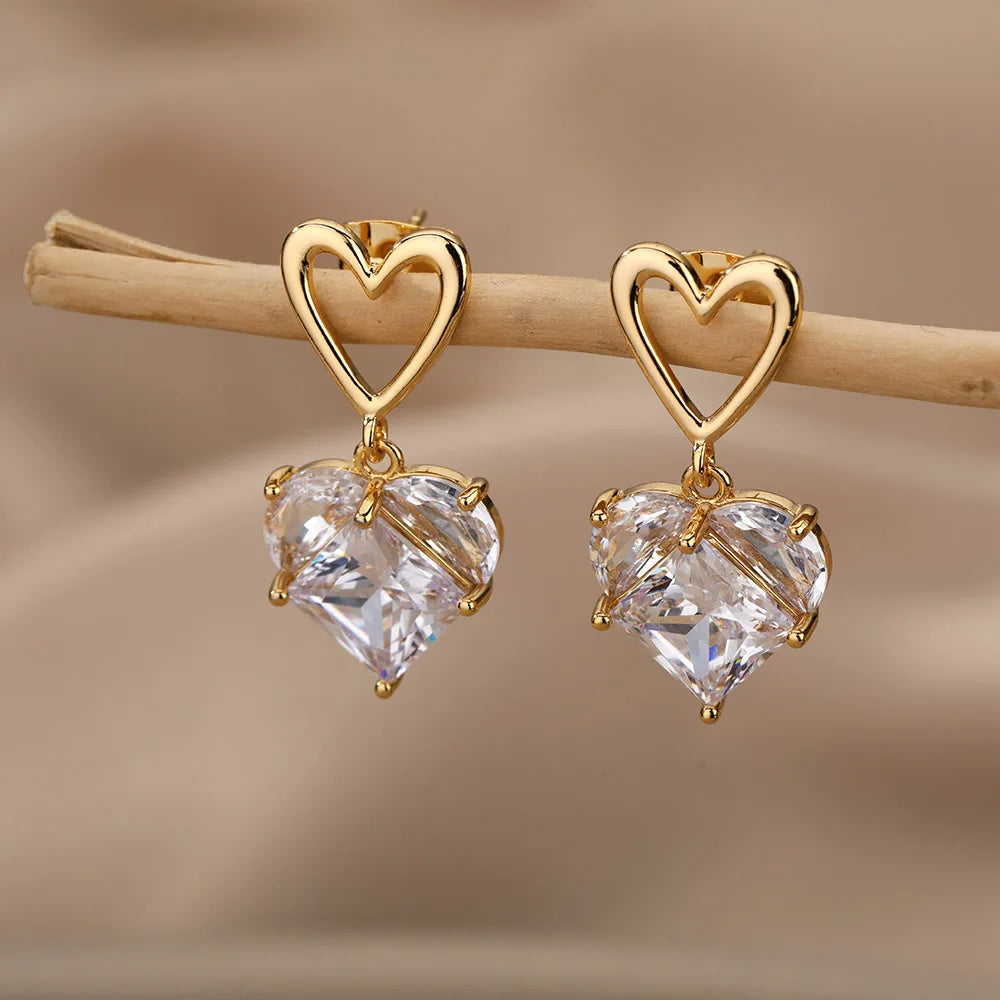 Stainless Steel Heart Earrings For Women Gold Color Fashion Zircon Love Heart Drop Earring Wedding Aesthetic Jewelry Gift 2023 Vera Lux