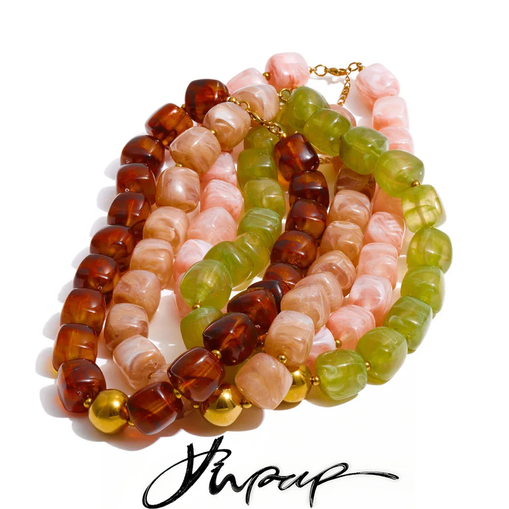 Yhpup Acrylic Square Beads Chain Necklace Bracelet Bangle Stainless Steel Handmade Jewelry Waterproof Green Khaki Pink Amber Vera Lux