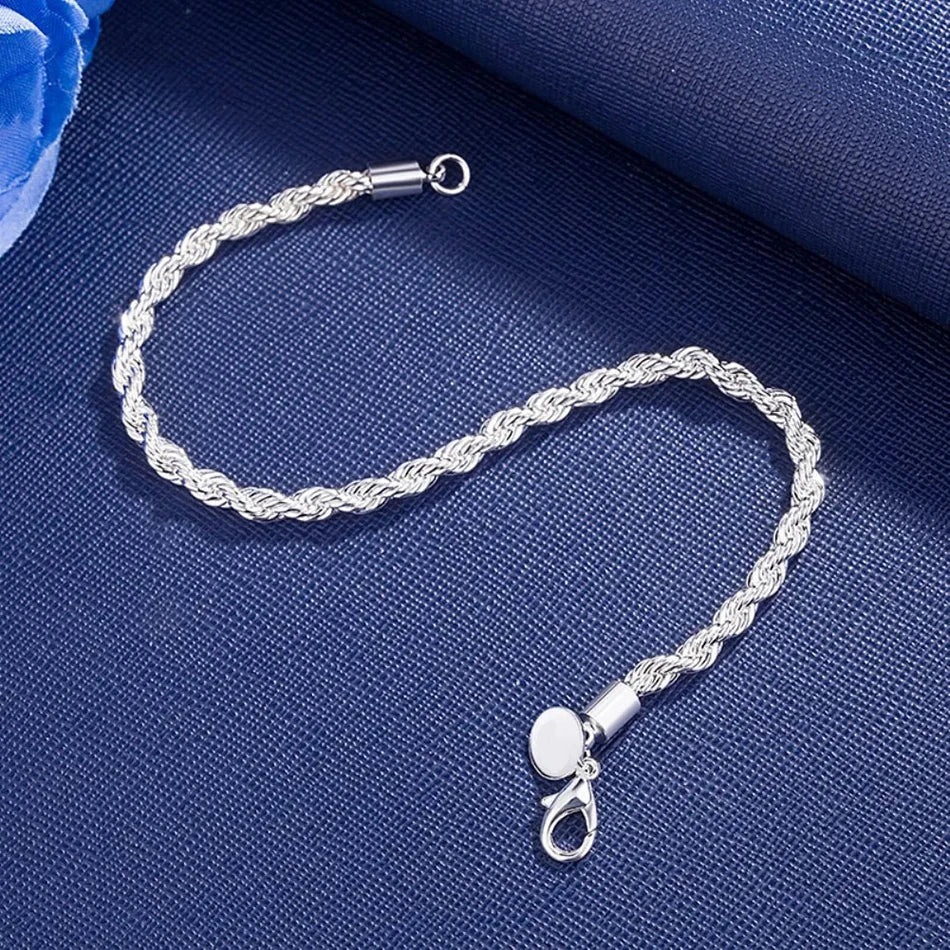 ALIZERO 925 Sterling Silver Unisex 4mm Rope Chain Bracelets for Men Women Twisted Links Chain Bracelet Simple Classic Jewelry Vera Lux