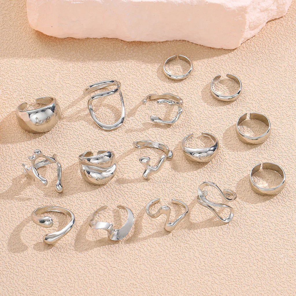 15Pcs Punk Smooth Geometric Open Rings Set For Women Exaggerated Irregular Silver Color Thick Chunky Ring Hip Hop Jewelry Gifts Vera Lux