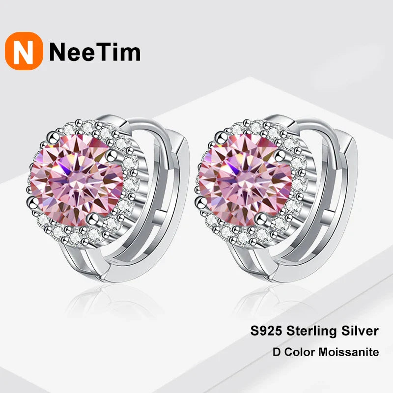 NeeTim 0.5ct 1ct Pink Moissanite Earrings Women S925 Silver Black Blue Green Grey Rainbow Lab Diamond Wedding Studs Earring Vera Lux