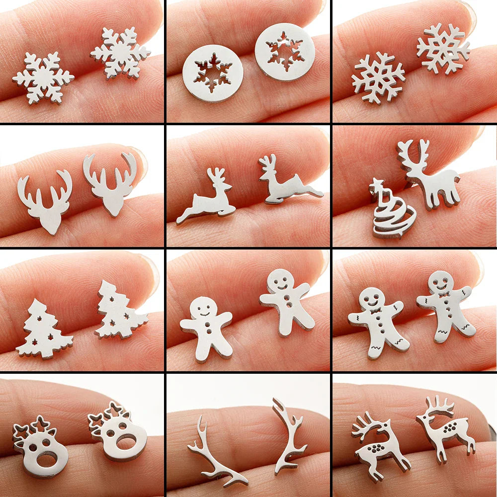 High Quality Stainless Steel Stud Earrings Girl Snowflake Elk Deer Silver Color Tragus Piercing Women'S Earrings Christmas Gifts Vera Lux