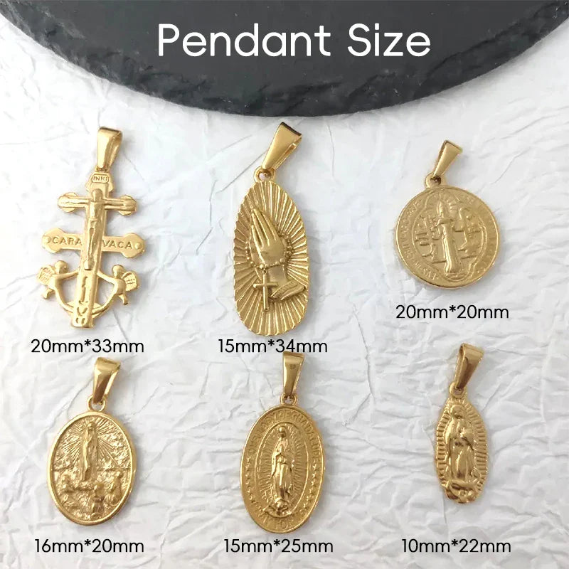 Virgin Mary Saint Michael Cross Prayer Pendant Necklace Gold Stainless Steel Religious Pendants Catholic Women/Men Jewelry Vera Lux