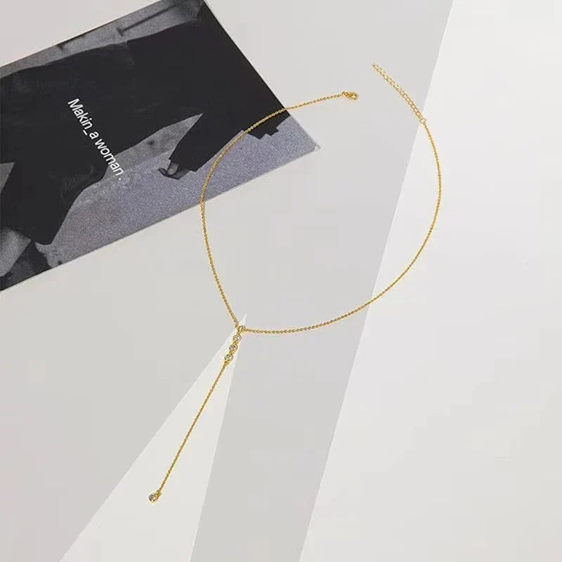 Y2K Simple Zircon Long Tassel Chain Necklaces for Women Metal Geometric Bead Choker Necklace Women's Jewelry Vera Lux