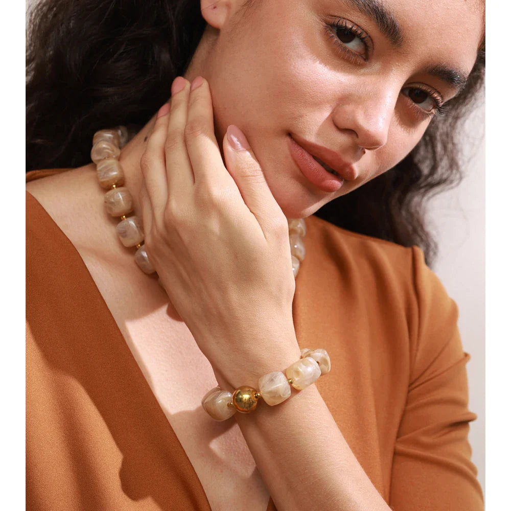 Yhpup Acrylic Square Beads Chain Necklace Bracelet Bangle Stainless Steel Handmade Jewelry Waterproof Green Khaki Pink Amber Vera Lux