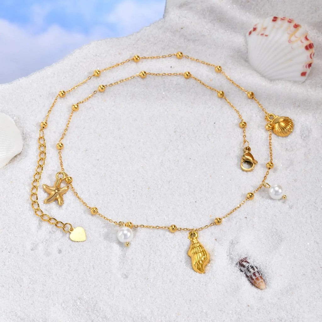 18k Gold Plated Pearl Shell Conch Starfish Summer Beach Necklace, Charms Necklace for Women,Stainless Steel Waterproof Jewelry Vera Lux
