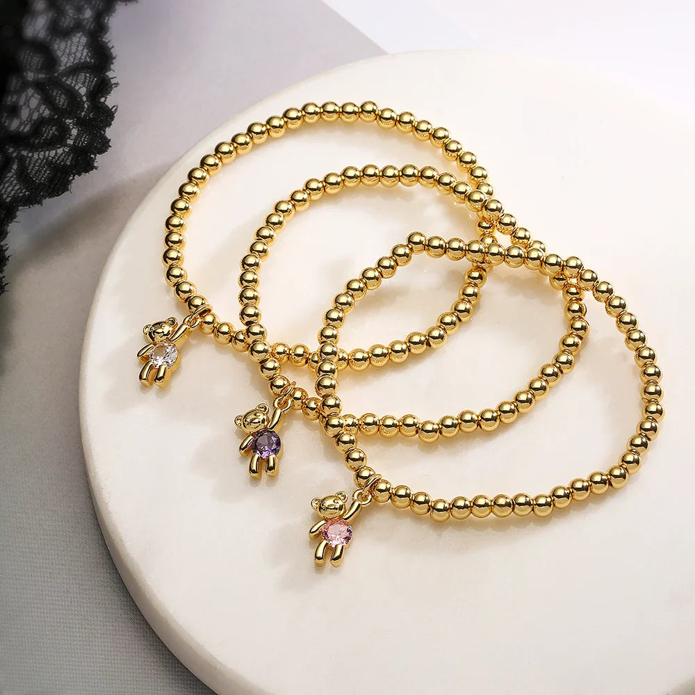 NEWBUY Trendy Gold Color Copper Beads Bracelets For Women White/Pink/Purple CZ Cute Bear Jewelry Vera Lux