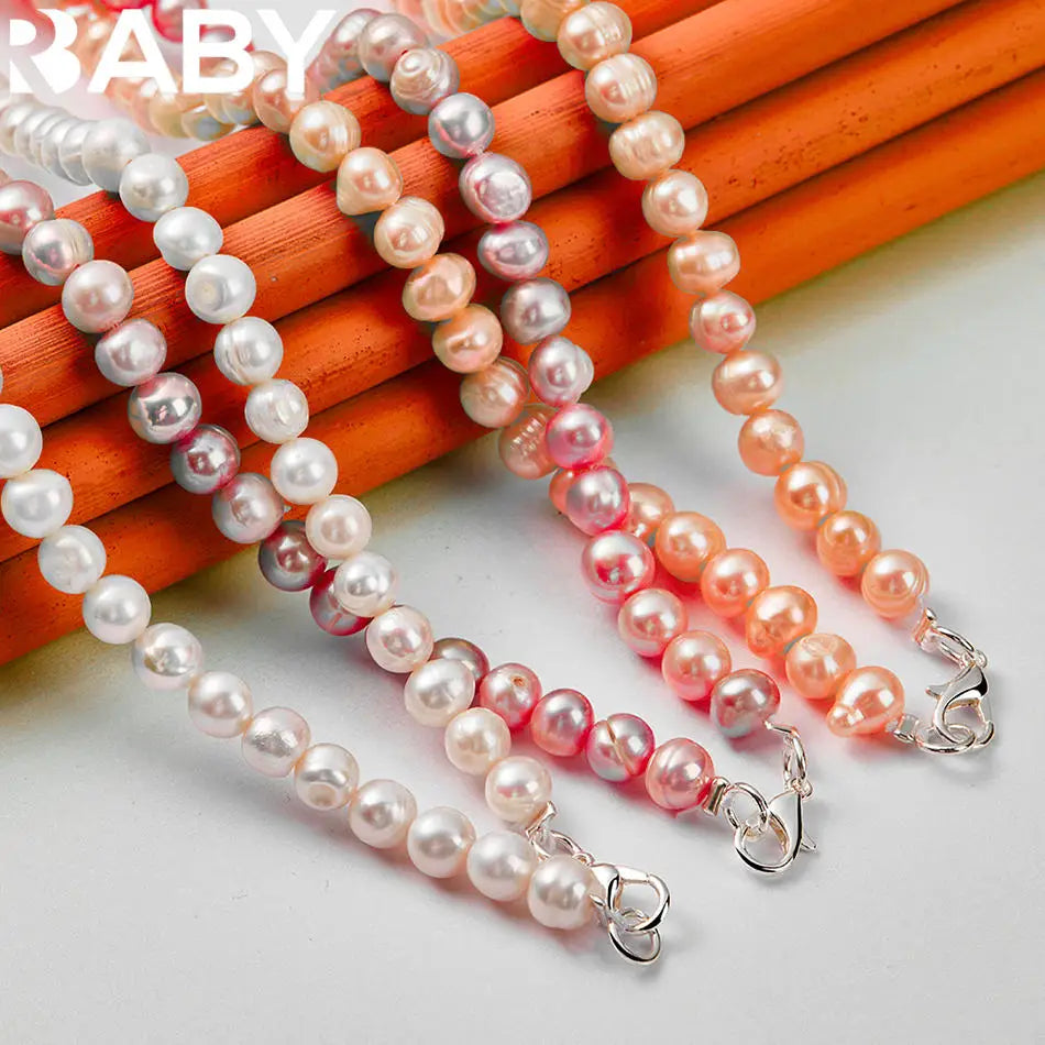 URBABY 925 Sterling Silver 40-50cm White&Pink&Purple Pearl Necklace For Women Charm Trend Birthday Gifts Fashion Party Vera Lux
