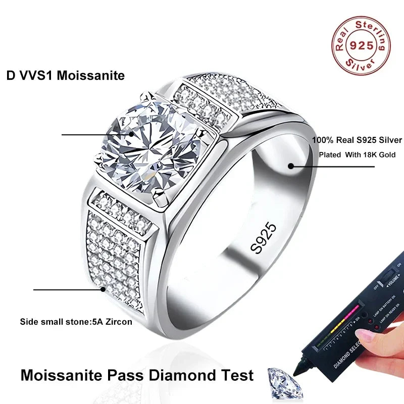 NeeTim 1ct D Color Moissanite Wedding Band Men Ring 925 Sterling Silver with Gold Plated Wedding Engagement Rings Gift For Man Vera Lux