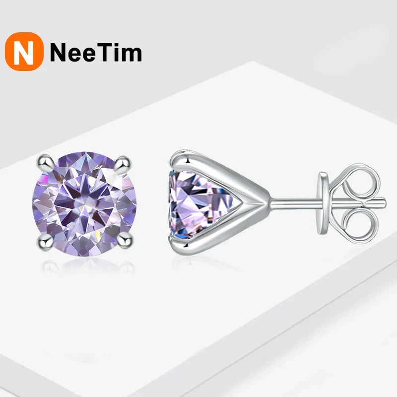 NeeTim 0.5ct 1ct 2ct Moissanite Stud Earrings for Women 925 Sterling Silver Pink Black Blue Grey Sparkling Lab Diamond Earring Vera Lux
