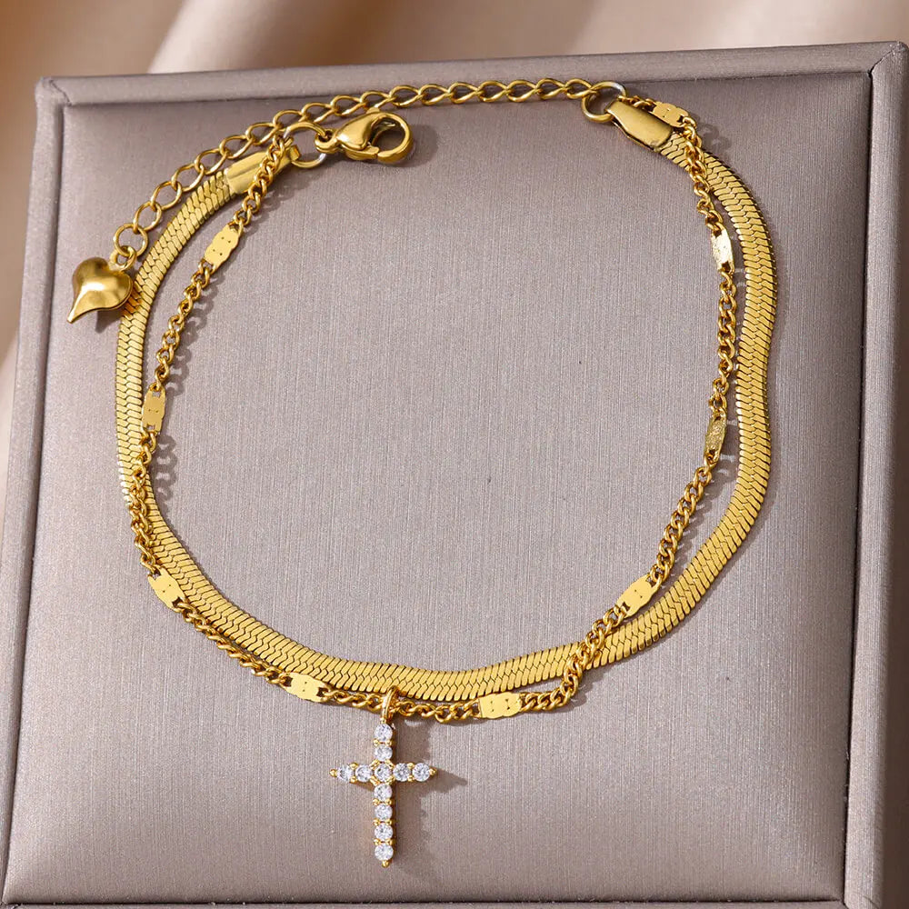 Zircon Cross Anklets For Women Gold Color Stainless Steel Cross Anklet Double Chain Summer Beach Party Jewelry Gift Accessories Vera Lux
