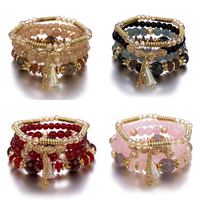 4Pcs New Tassel Charm Beads Bracelet Set For Women Colorful   Glass Beaded Chain Bangle Female Bohemian Jewelry Vera Lux
