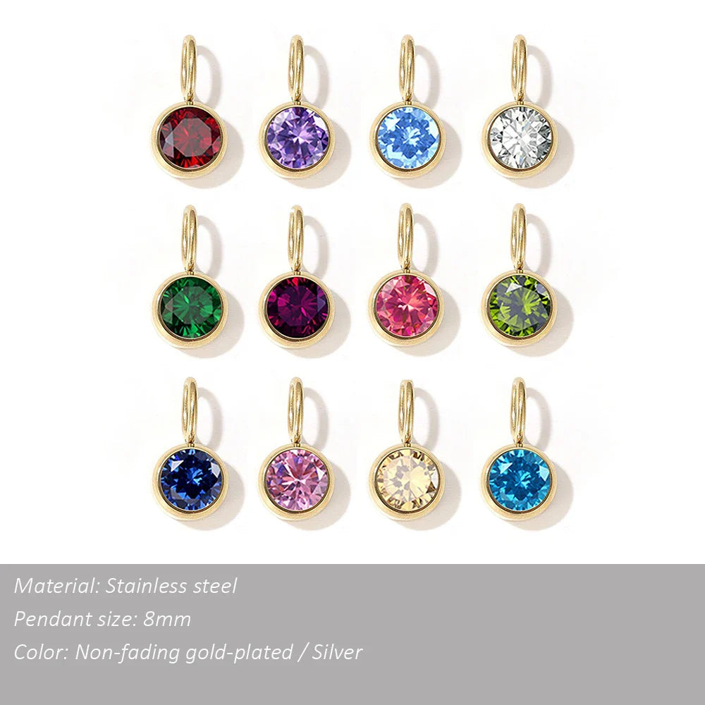 Zirconia Birthstone Pendant 12 Months Color Stone DIY Accessories for Necklace Stainless Steel Jewelry Birthday Gift Wholesale Vera Lux