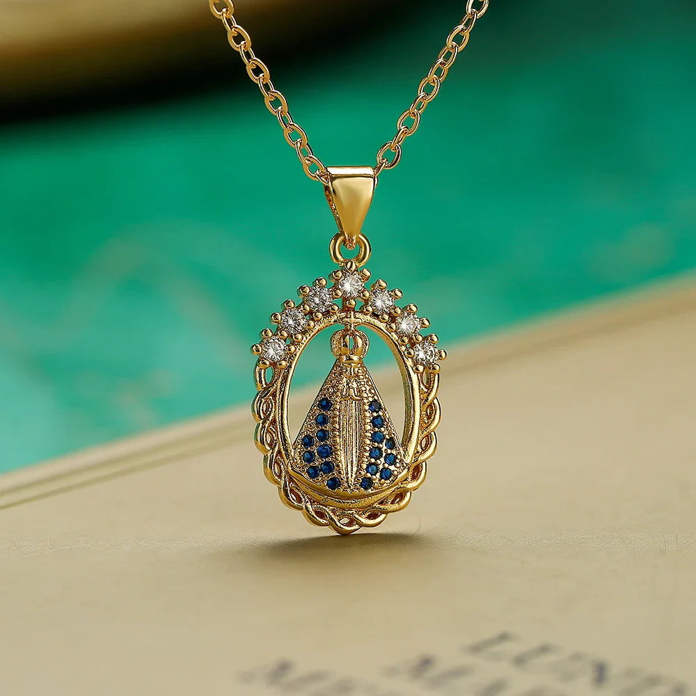 NEWBUY High Quality Women's Religious Jewelry Copper CZ Zircon Inlay Virgin Mary Pendant Stainless Steel Chain Necklace Vera Lux