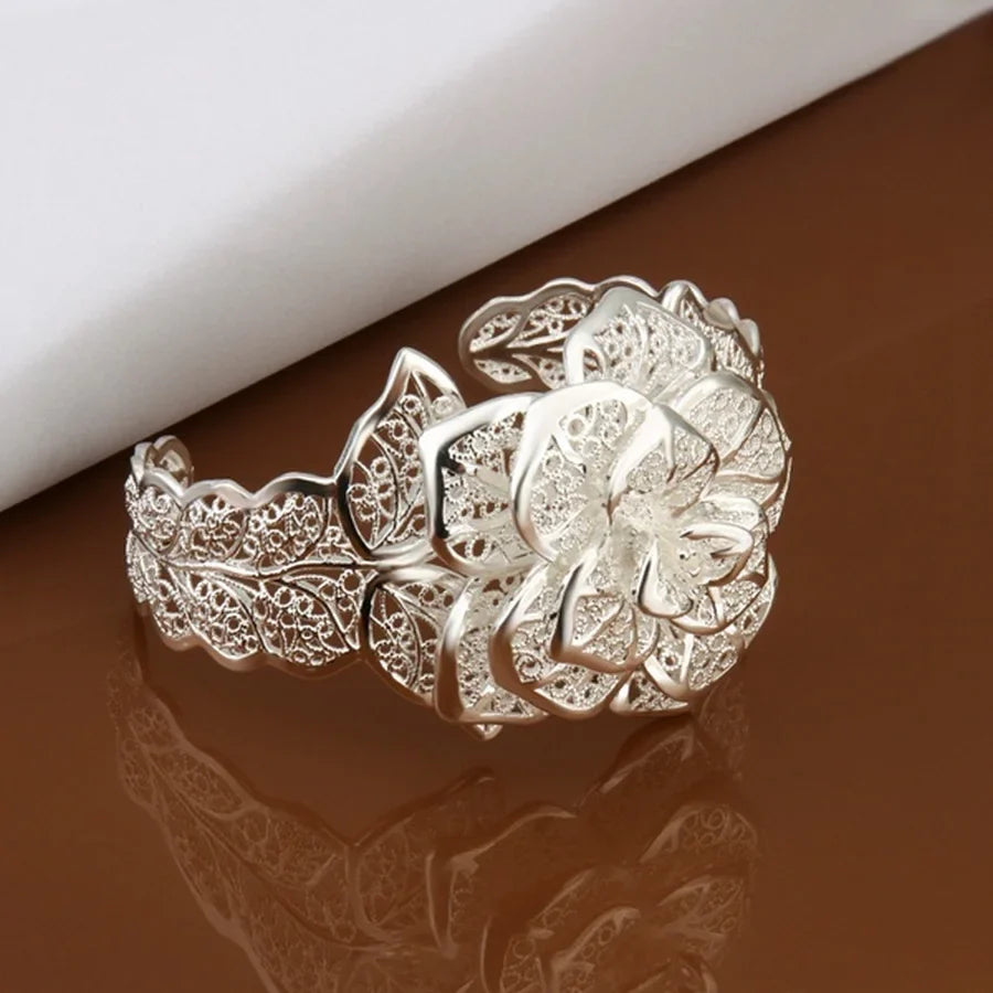 925 Sterling Silver jewelry bangle Hot engagement  exquisite retro charm hollow big women lady flowers openings bracelet Vera Lux