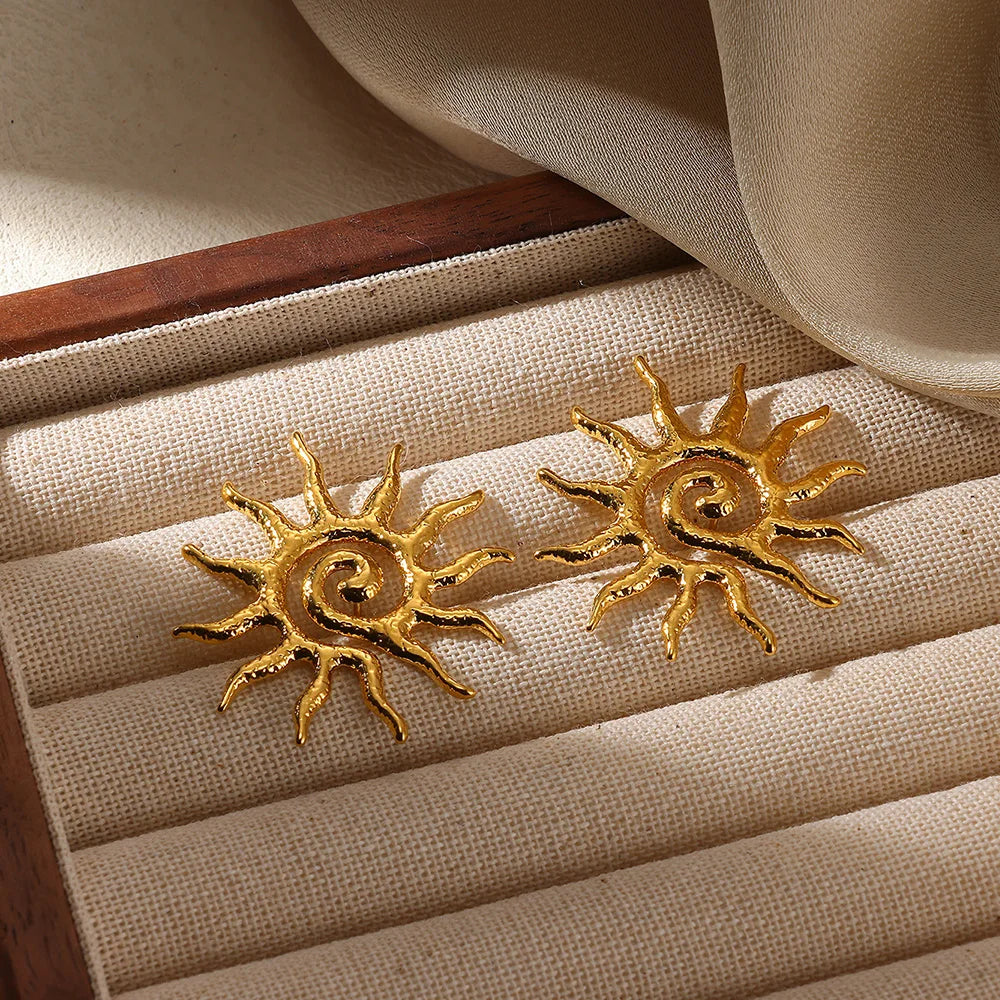 Retro Threaded Sun Earrings For Women Gold Color Stainless Steel Geometric Earrings Hip Hop Party Jewelry Birthday Gifts Vera Lux