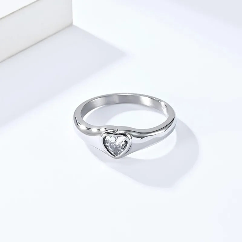 Stainless Steel Heart CZ Solitaire Ring Wedding Band for Women Girl Size 5-10 Vera Lux