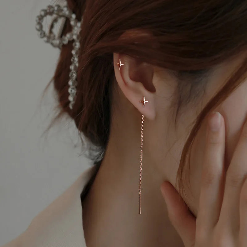 JWER S925 Silver Needle Star Line Earring for Women Tassel Drop Earring Long Chain Beads Piercing Earring Asymmetry Ear Jewelry Vera Lux