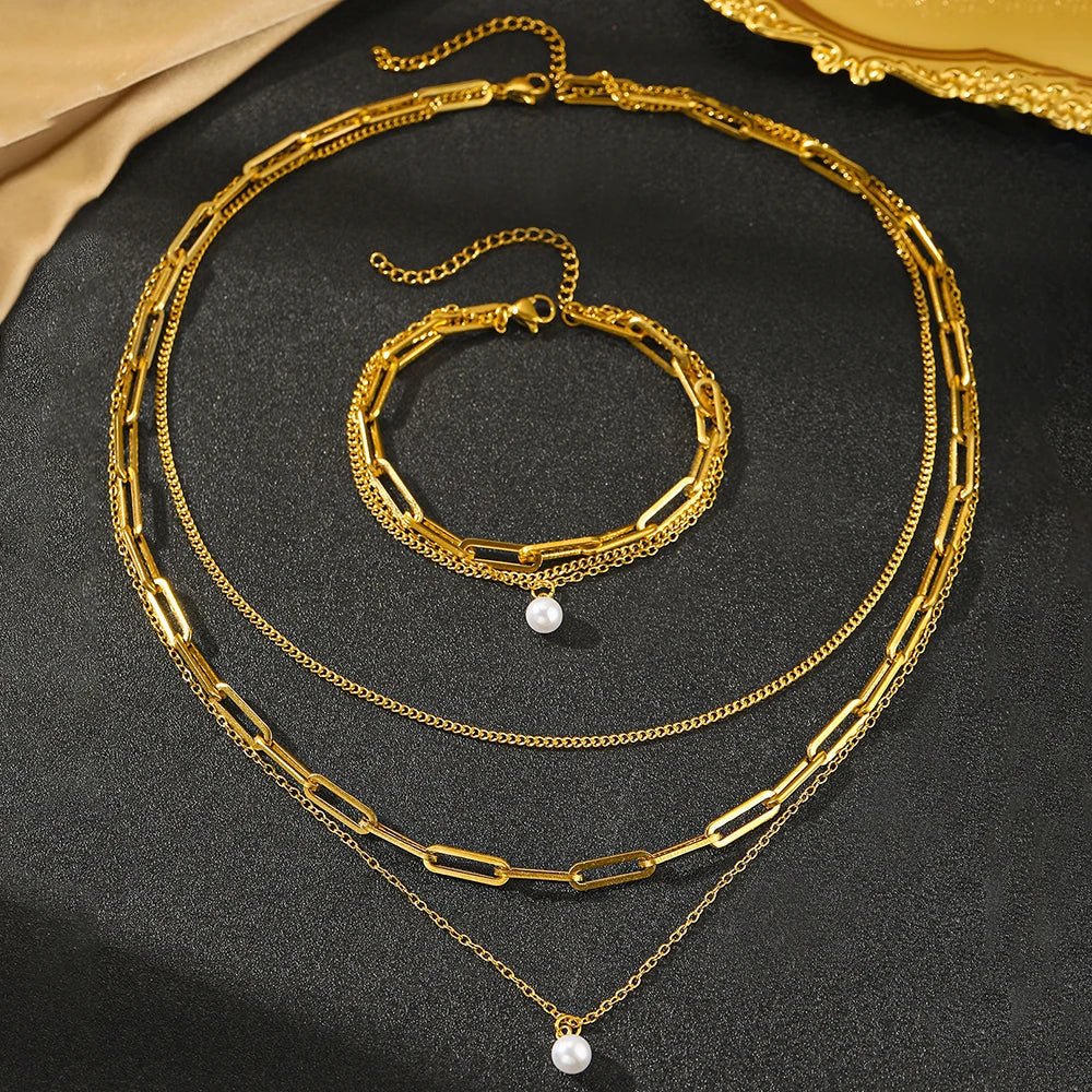 Aomogo Stainless Steel Jewelry Set Delicate Pearl Pendant Jewelry Set Luxury Multi-Layer Chain Jewelry Set For Women Jewelry Vera Lux