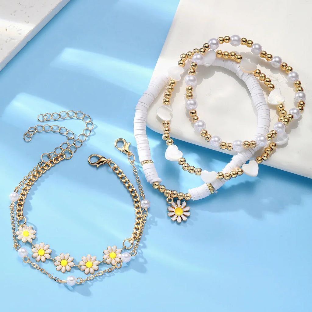 New 10 Pcs Vintage Bohemian Bracelet Set for Women Daisy Flower Pendant Beaded Star Heart Pearl Bangles 2024 Trendy Jewelry Gift Vera Lux